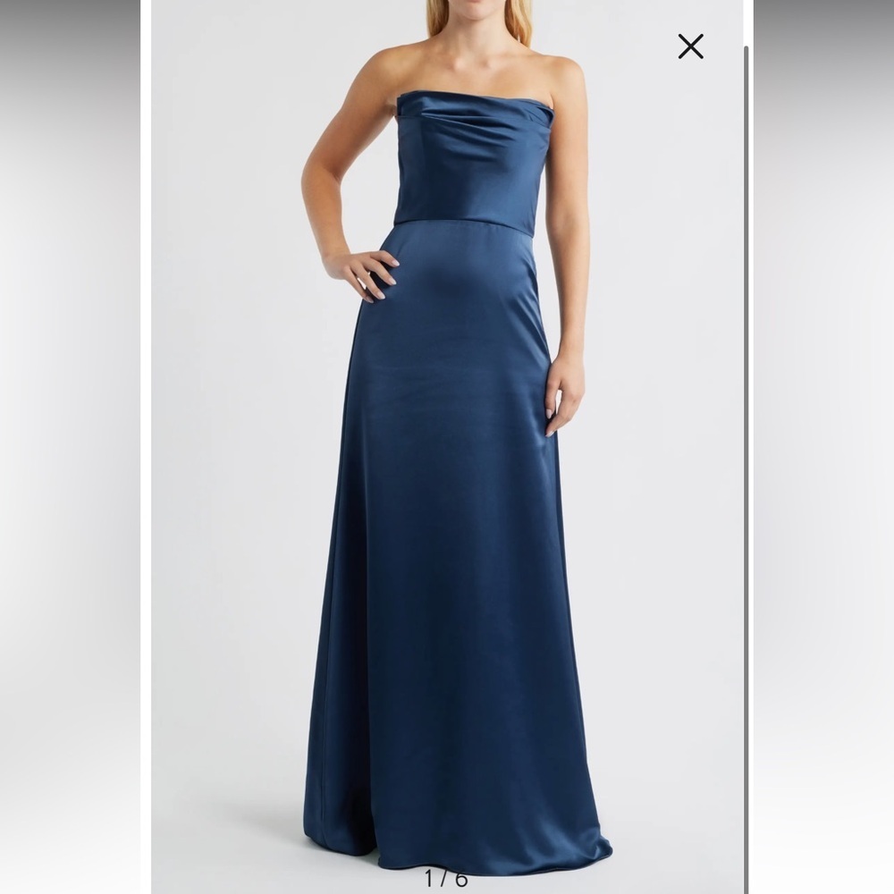 Amsale Jara strapless draped gown in french blue satin